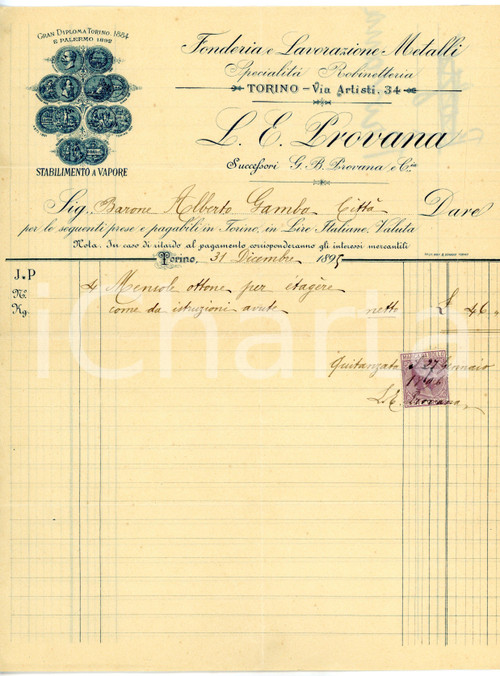 1896 TORINO Via Artisti - Rubinetteria L. E. PROVANA *Fattura intestata 1896 TORINO Via Artisti - Rubinetteria L. E. PROVANA *Fattura intestata